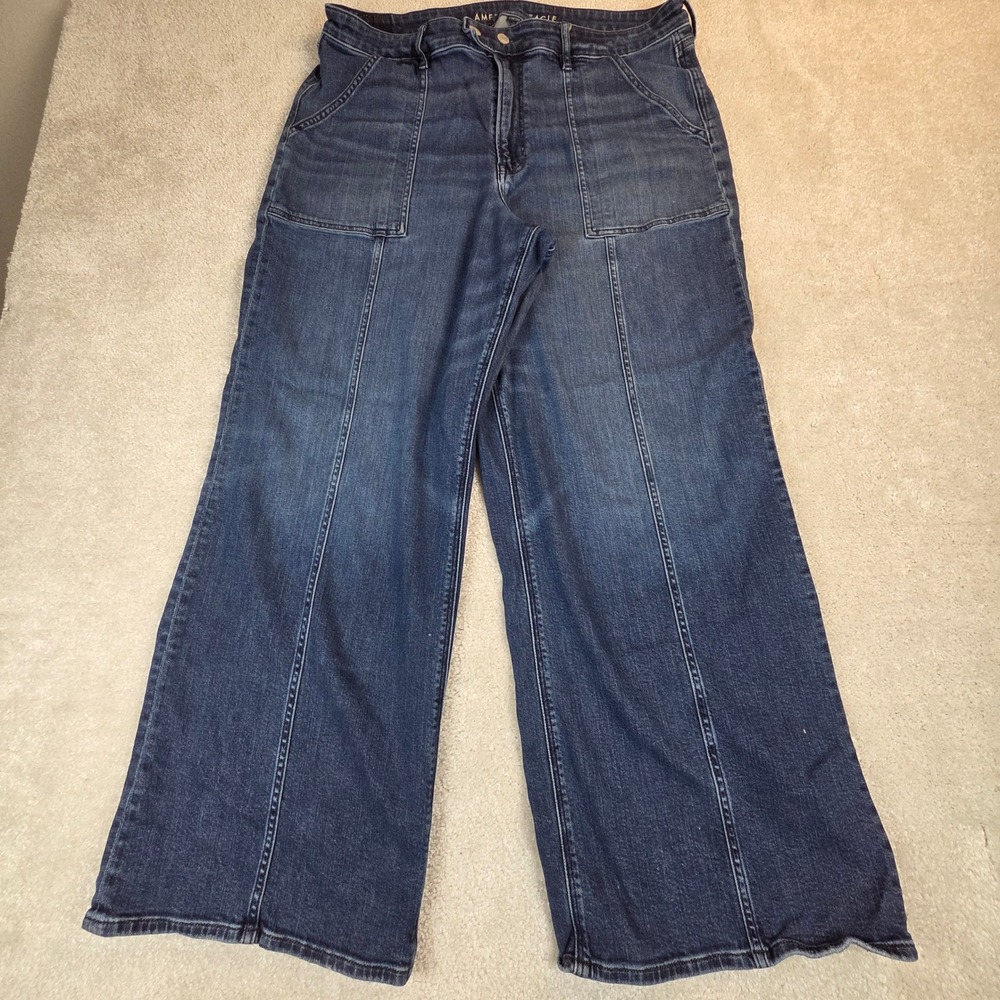 American Eagle Super High-Rise Baggy Wide Leg Jeans Dark Wash Stretch Size 18